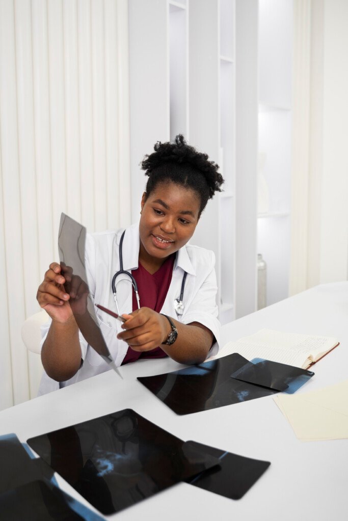 medium shot smiley doctor holding radiography medium shot smiley doctor holding radiography
